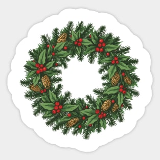 Classic Festive Christmas Wreath with Holly & Pinecones Sticker